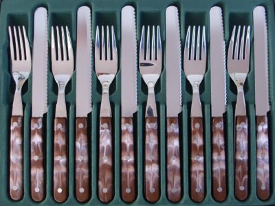 12-tlg. Frühstücks-/Abendbrot-Besteck, Welle, BRAUN/WEISS